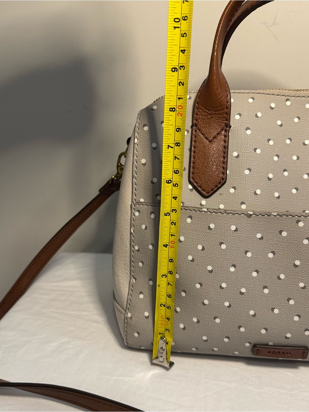 Fossil Fiona Women's Satchel, White And Gray Brown Leather Handles Signature Key - Picture 5 of 10